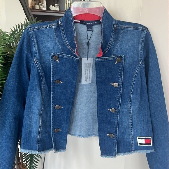 Brand New Tommy Hilfiger Blue Denim Jean Jacket Cropped Military Frayed Hem - Picture 2 of 12